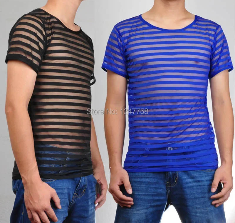 Sexy Male T-Shirt  Undershirts Men Mesh Stripe See Through  Underwear