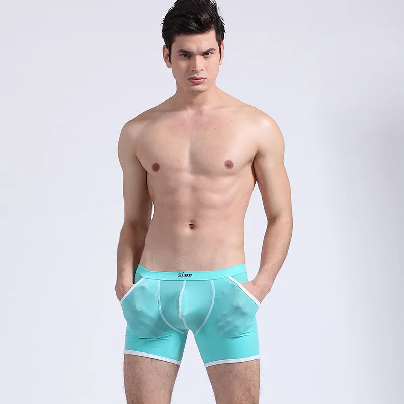 AIBC Sports Underwear For Men Long Boxer Shorts Ice Silk With Pocket Thin Underpants Comfortable Athletic Wear For Running Gym