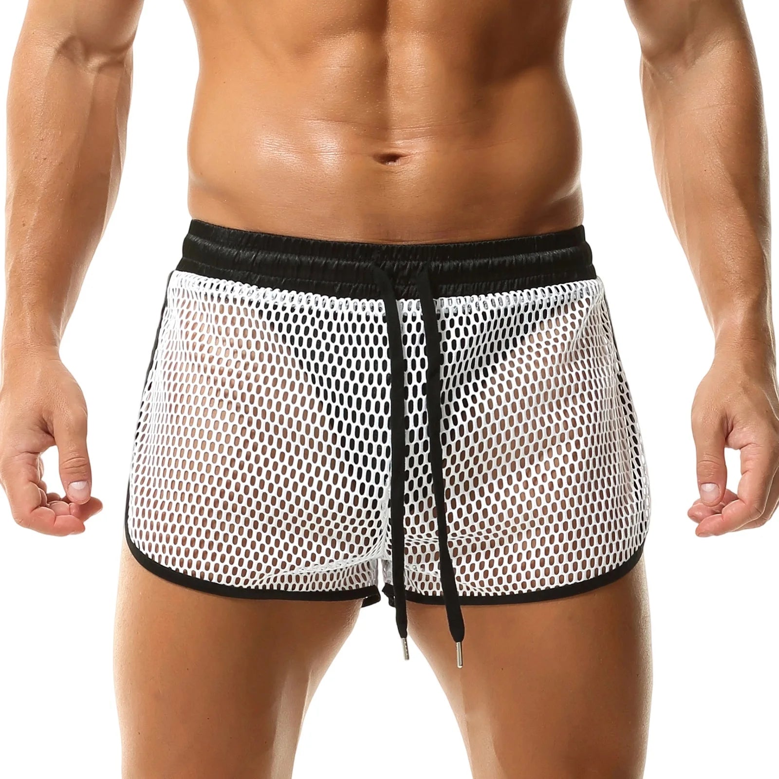 Men s Mesh Shorts Hollow-Out See Through Underwear Sheer Breathable Fishnet Boxer Briefs Split Sides Quick Dry Active Shorts