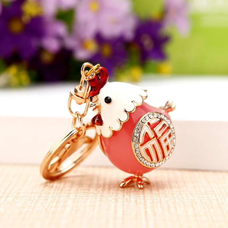 Cock Luxury Rooster Chicken Keychains Crystal Trinket Key Ring chains Holder Metal Animal Keyrings