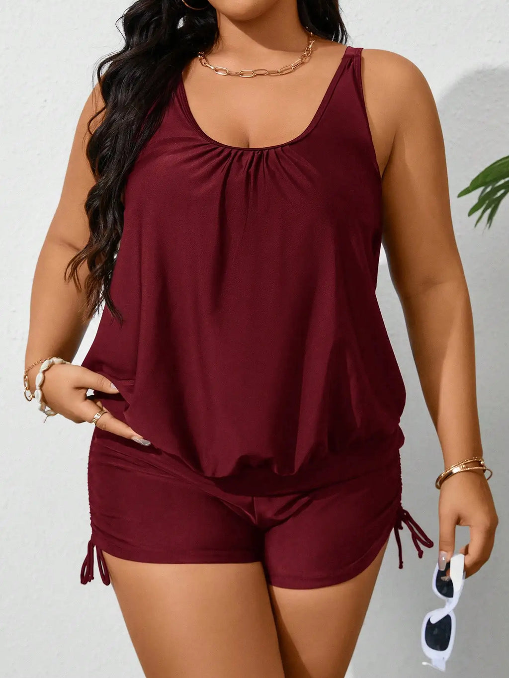 Plus Size Summer Beach Solid Sleeveless Ruched Tankini Set