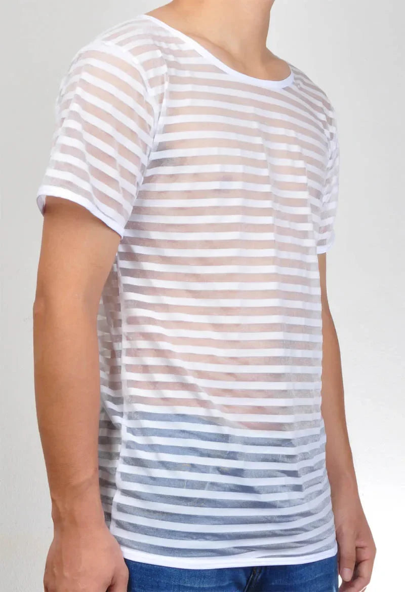 Sexy Male T-Shirt  Undershirts Men Mesh Stripe See Through  Underwear