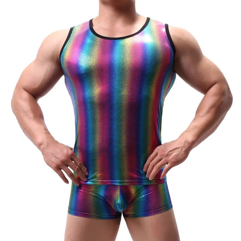 Fashion Men Tank Tops Rainbow Shiny Tank Perform Costume Sleeveless Underwear Vest(not Included Shorts)
