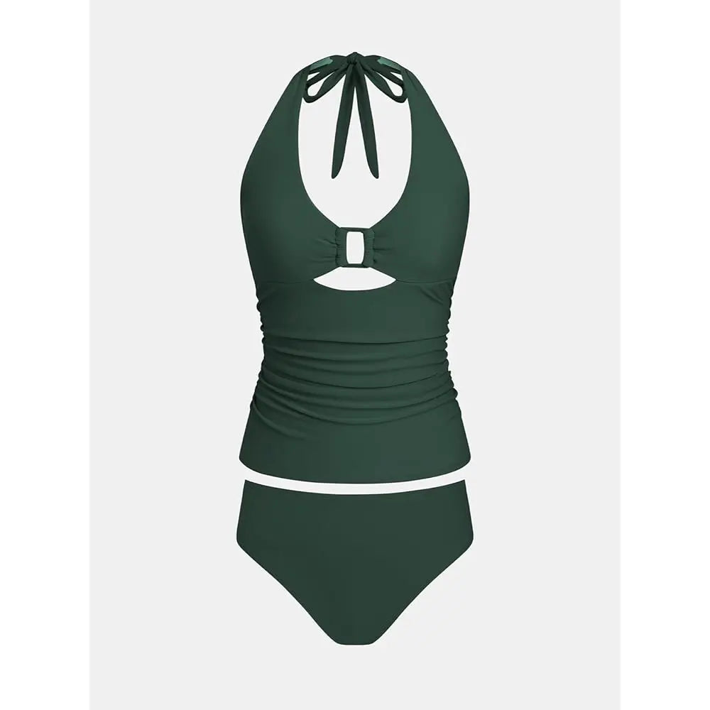 Women's Tankini Sets V Neck Two Piece Cutout Tummy Control Halter Bathing Suits