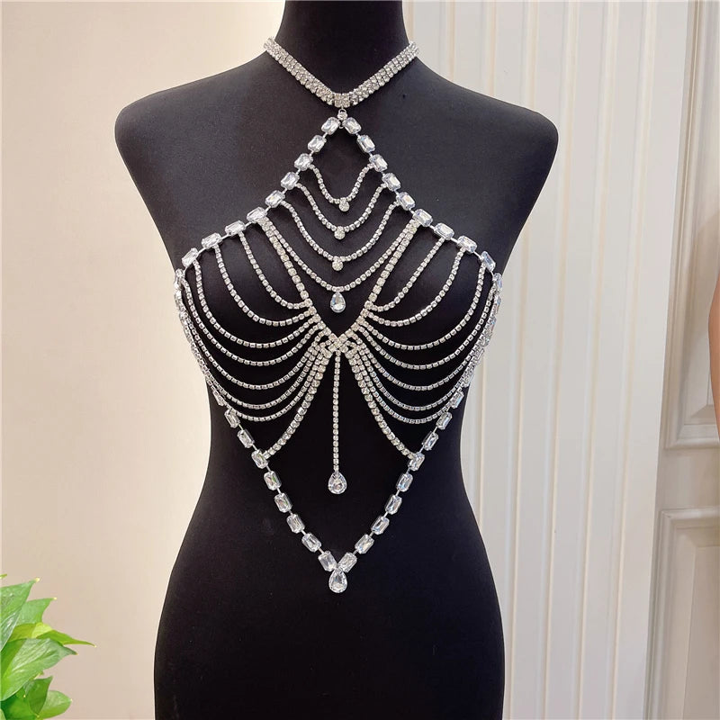 2022 New Women's Body Jewelry Sexy Bikini Lingerie Rhinestone Big Heart Bra Ladies Camisole Body Chain Harness Accessories