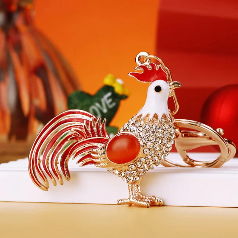Cock Luxury Rooster Chicken Keychains Crystal Trinket Key Ring chains Holder Metal Animal Keyrings