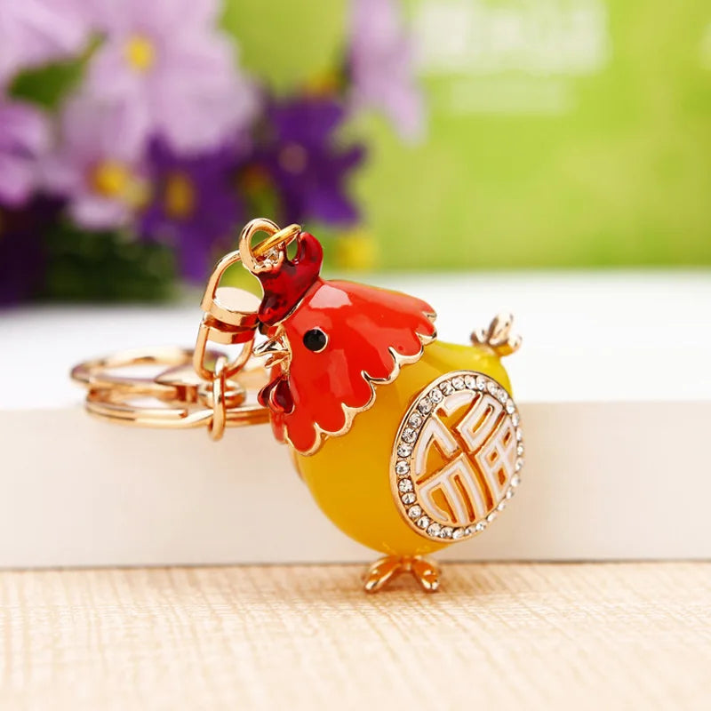 Cock Luxury Rooster Chicken Keychains Crystal Trinket Key Ring chains Holder Metal Animal Keyrings