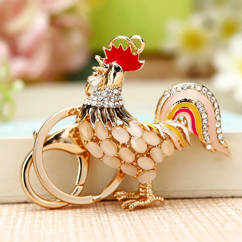 Cock Luxury Rooster Chicken Keychains Crystal Trinket Key Ring chains Holder Metal Animal Keyrings