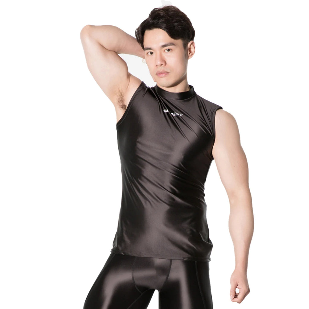 AMORESY Poseidon Series Men Glitter Satin Sleeveless Tight Sportwear Running Cycling Gym Outdoor Vest Tops Breathable Underwear