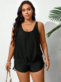Plus Size Summer Beach Solid Sleeveless Ruched Tankini Set